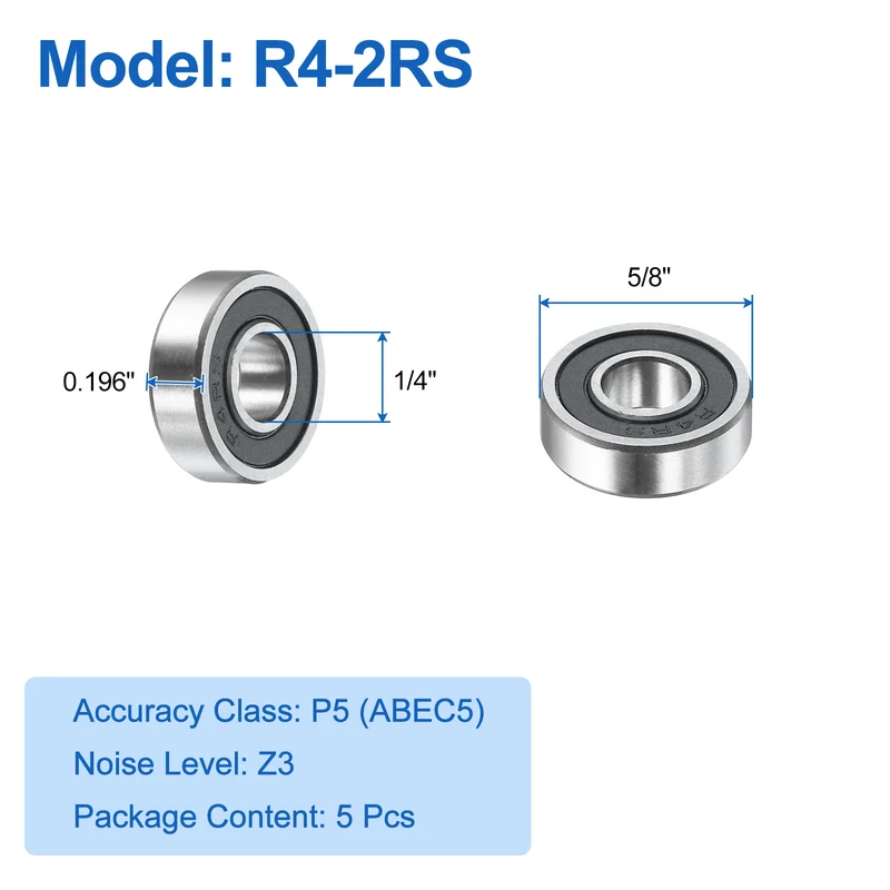 5Pcs R4-2RS Deep Groove Ball Bearings 1/4"x5/8"x0.196" Double Metal Shielded Z3