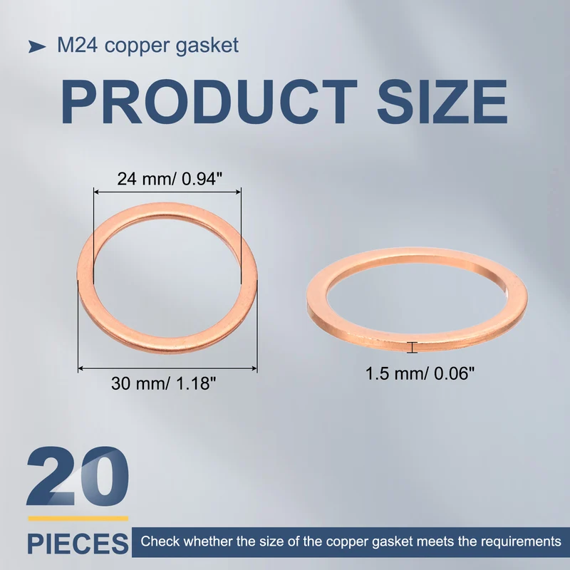 20Pcs M24 Flat Copper Washers 24x30x1.5mm Copper Flat Sealing Ring Washers