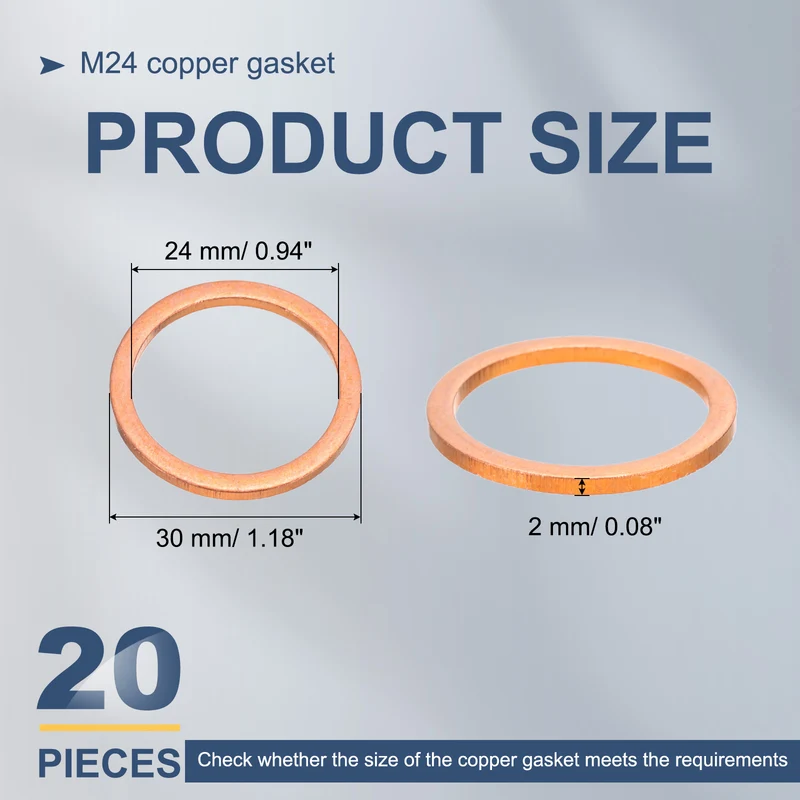 20Pcs M24 Flat Copper Washers 24x30x2mm Copper Flat Sealing Ring Washers