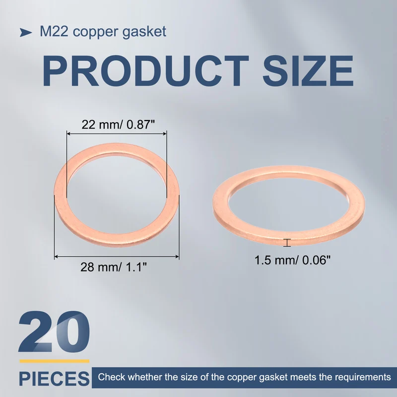 20Pcs M22 Flat Copper Washers 22x28x1.5mm Copper Flat Sealing Ring Washers
