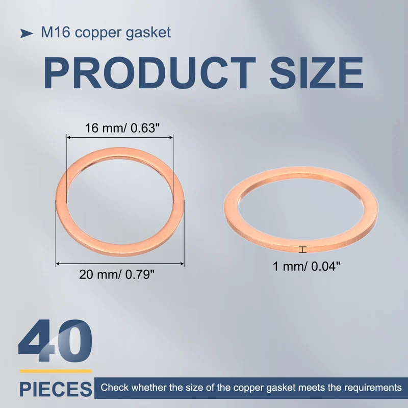 40Pcs M16 Flat Copper Washers 16x20x1mm Copper Flat Sealing Ring Washers