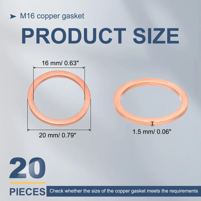 20Pcs M16 Flat Copper Washers 16x20x1.5mm Copper Flat Sealing Ring Washers