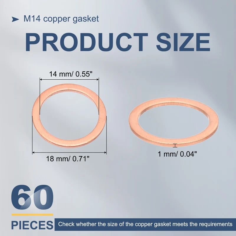 60Pcs M14 Flat Copper Washers 14x18x1mm Copper Flat Sealing Ring Washers