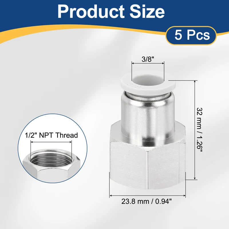 5 Pcs NPT Female 3/8 Inch OD x 1/2" NPT Thread Push to Connect Fittings, White