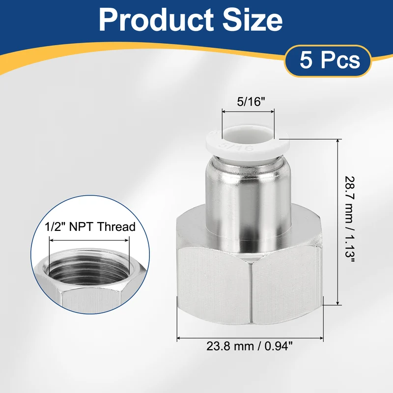 5 Pcs NPT Female 5/16 Inch OD x 1/2" NPT Thread Push to Connect Fittings, White