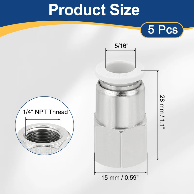5 Pcs NPT Female 5/16 Inch OD x 1/4" NPT Thread Push to Connect Fittings, White