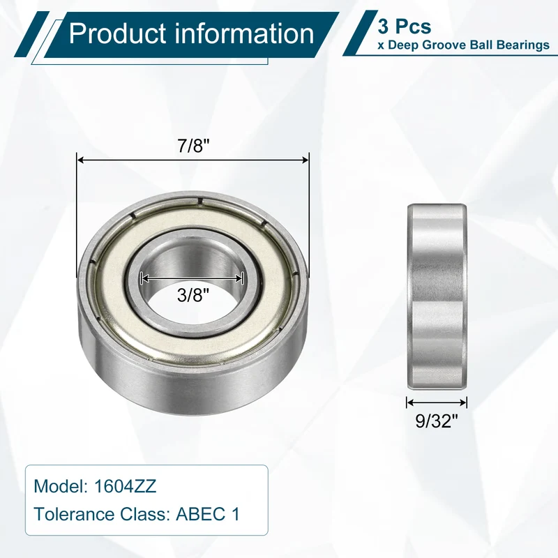 3Pcs 1604ZZ Deep Groove Ball Bearing, 3/8" x 7/8" x 9/32" Sealed Bearing