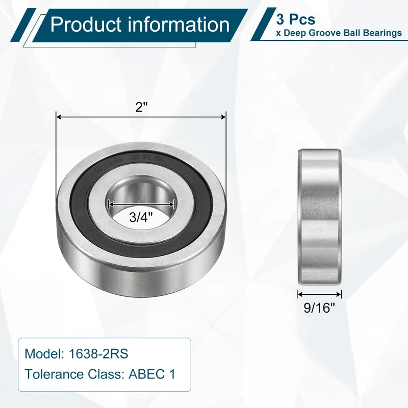 3Pcs 1638-2RS Deep Groove Ball Bearing, 3/4" x 2" x 9/16" Sealed Bearing