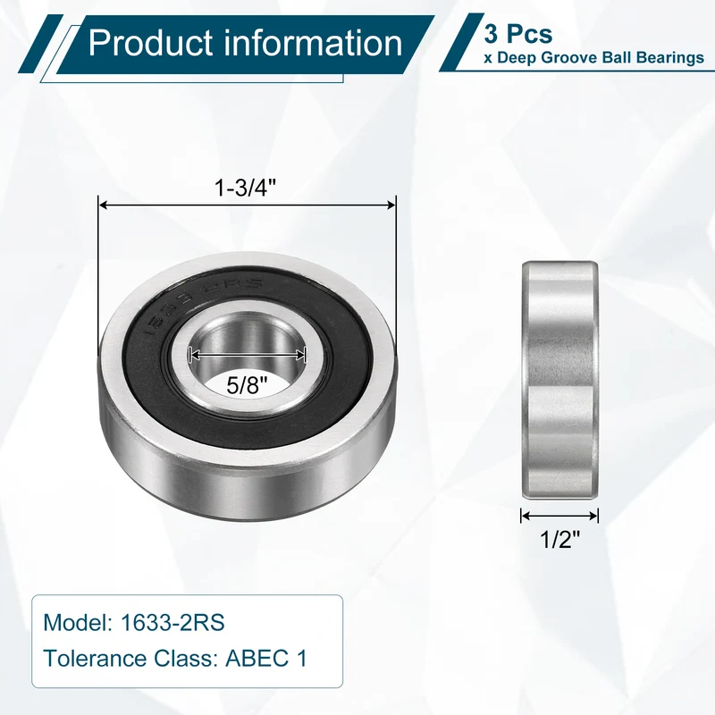 3Pcs 1633-2RS Deep Groove Ball Bearing, 5/8" x 1-3/4" x 1/2" Sealed Bearing