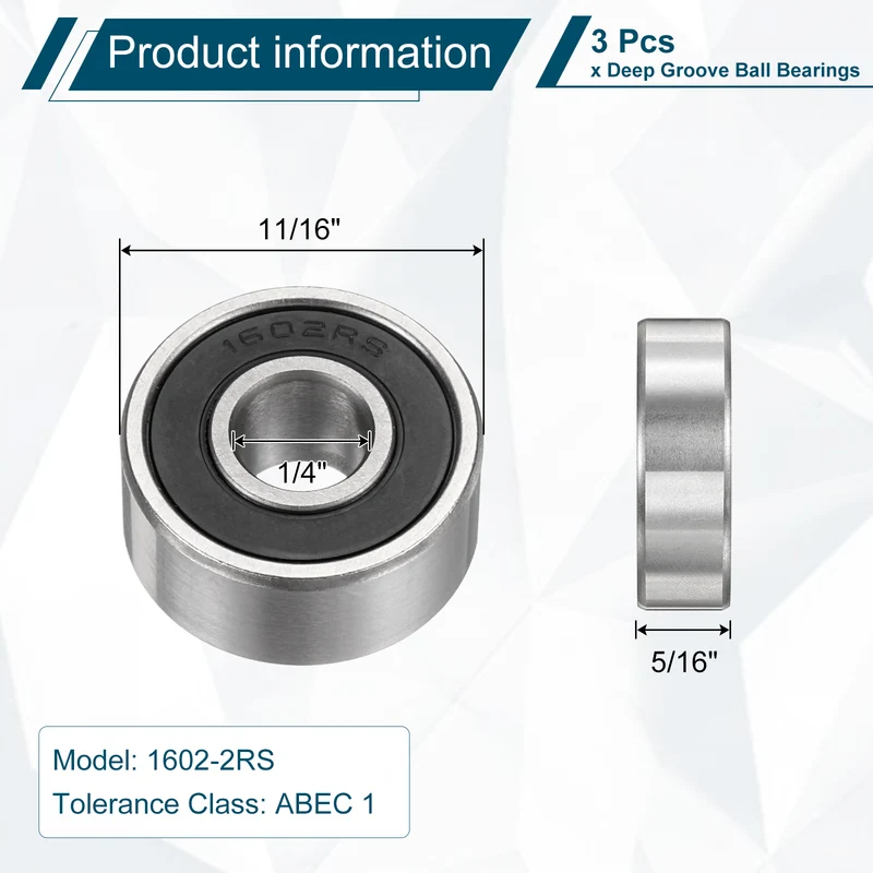 3Pcs 1602-2RS Deep Groove Ball Bearing, 1/4" x 11/16" x 5/16" Sealed Bearing
