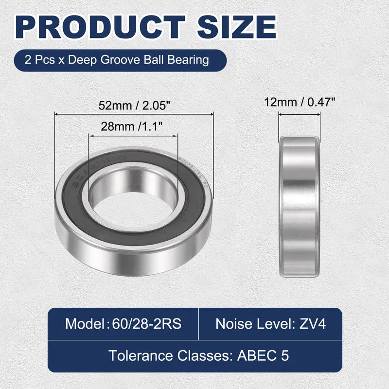 60/28-2RS Deep Groove Ball Bearing, 2pcs 28 x 52 x 12mm, ZV4 Double Rubber