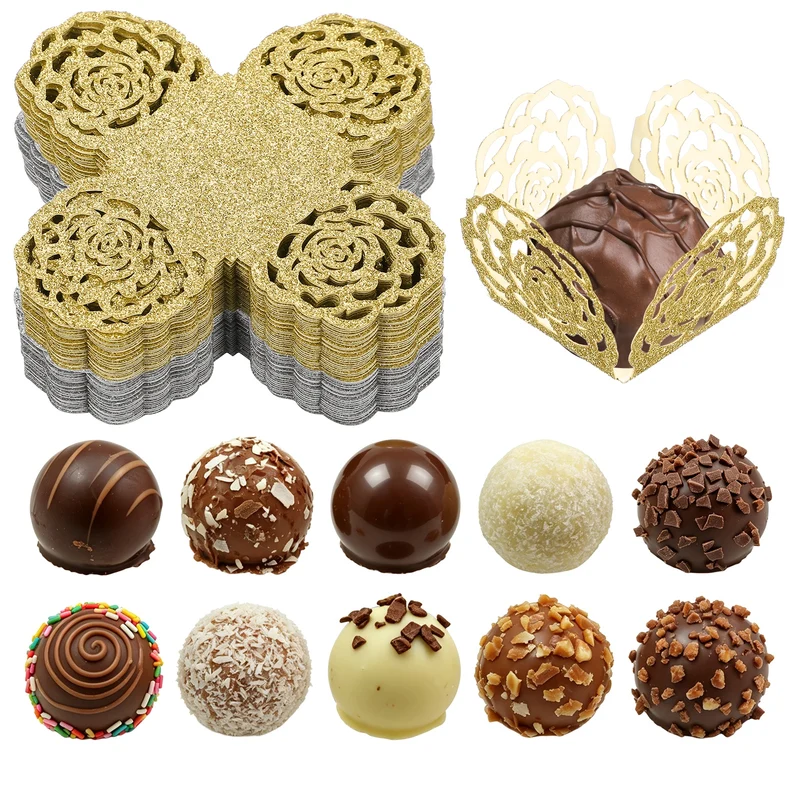 50Pcs 1.4x1.4" Glitter Rose Truffle Wrapper Cupcake Liners, Yellow/Silver