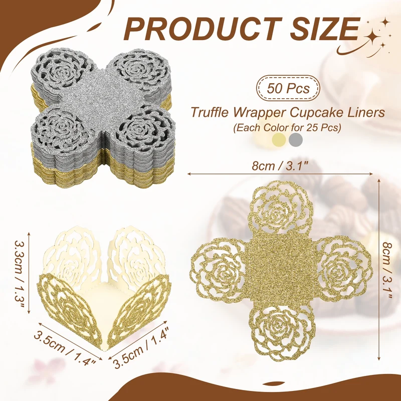 50Pcs 1.4x1.4" Glitter Rose Truffle Wrapper Cupcake Liners, Yellow/Silver