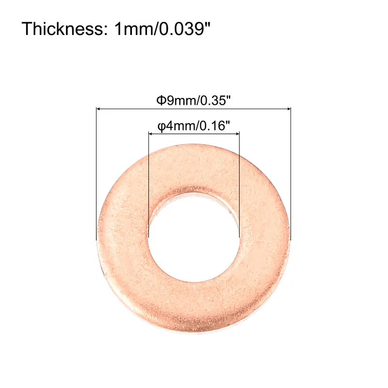 52 Pcs Flat Copper Washers 4x9x1mm Copper Flat Sealing Ring Washers