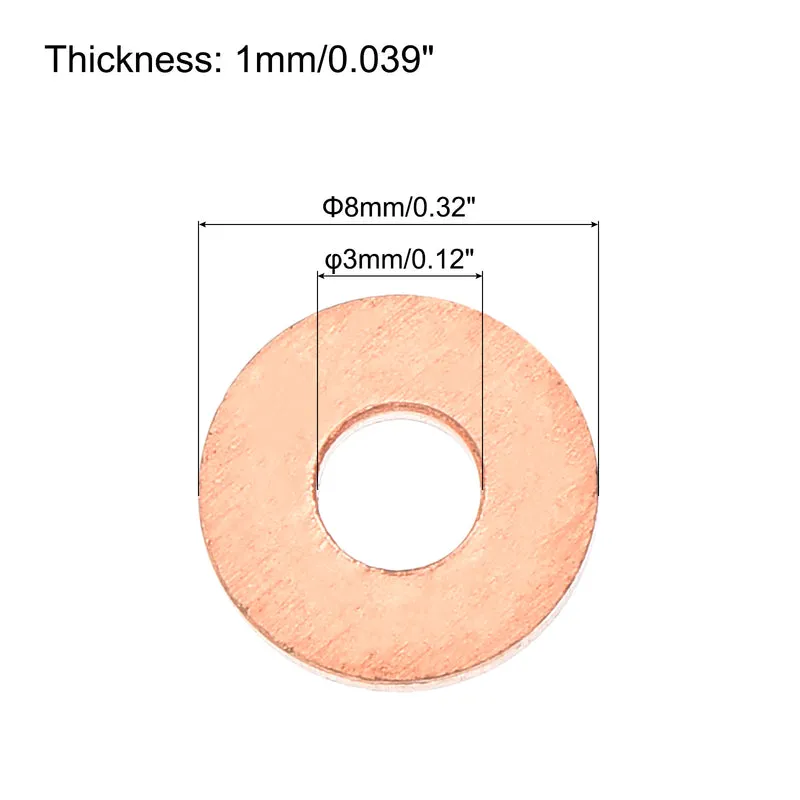 52 Pcs Flat Copper Washers 3x8x1mm Copper Flat Sealing Ring Washers