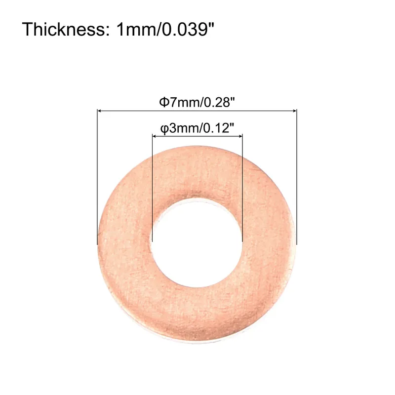 52 Pcs Flat Copper Washers 3x7x1mm Copper Flat Sealing Ring Washers