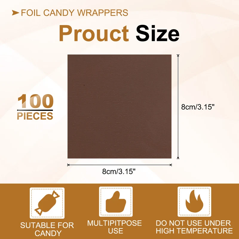 Foil Candy Wrappers 3x3 Inch, 100 Pcs Brown Glossy Paper for DIY Chocolate