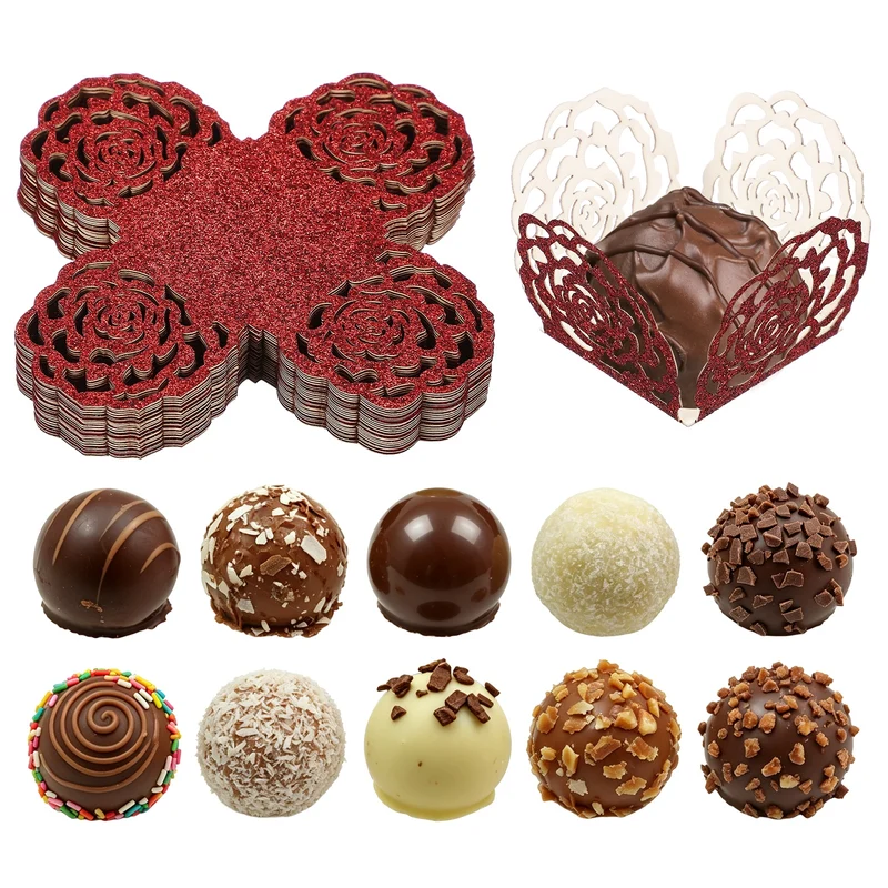 25Pcs 1.4x1.4" Glitter Rose Truffle Wrapper Cupcake Liners for Decor, Red