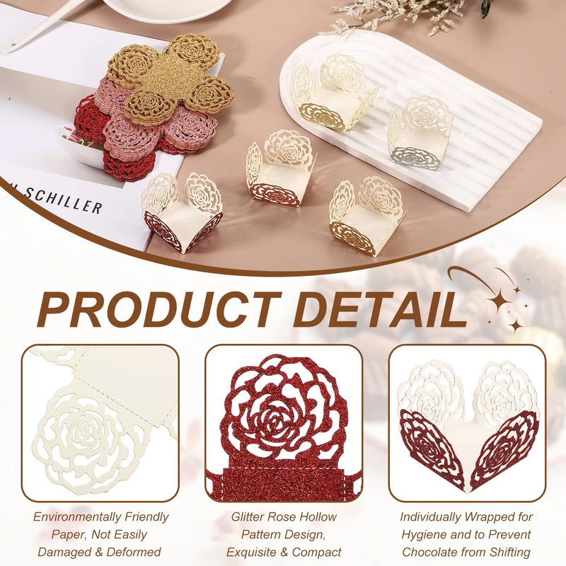 25Pcs 1.4x1.4" Glitter Rose Truffle Wrapper Cupcake Liners for Decor, Red