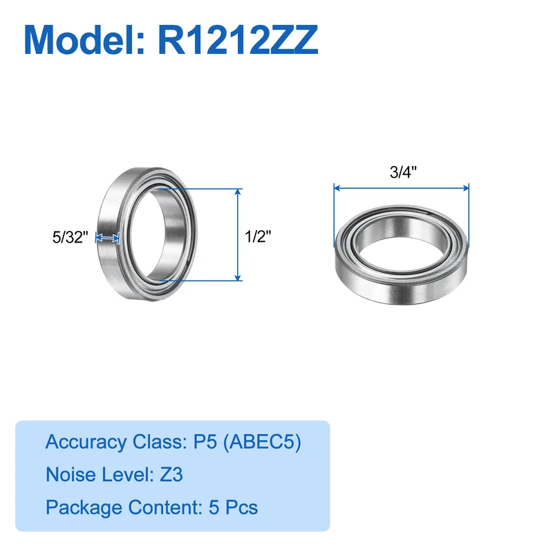5Pcs R1212ZZ Deep Groove Ball Bearings 1/2"x3/4"x5/32" Double Metal Shielded Z3
