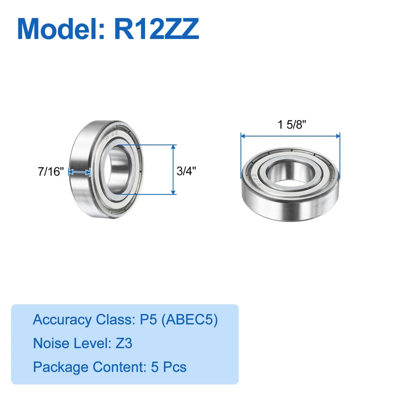 5Pcs R12ZZ Deep Groove Ball Bearings 3/4"x1-7/8"x1 5/8" Double Metal Shielded Z3
