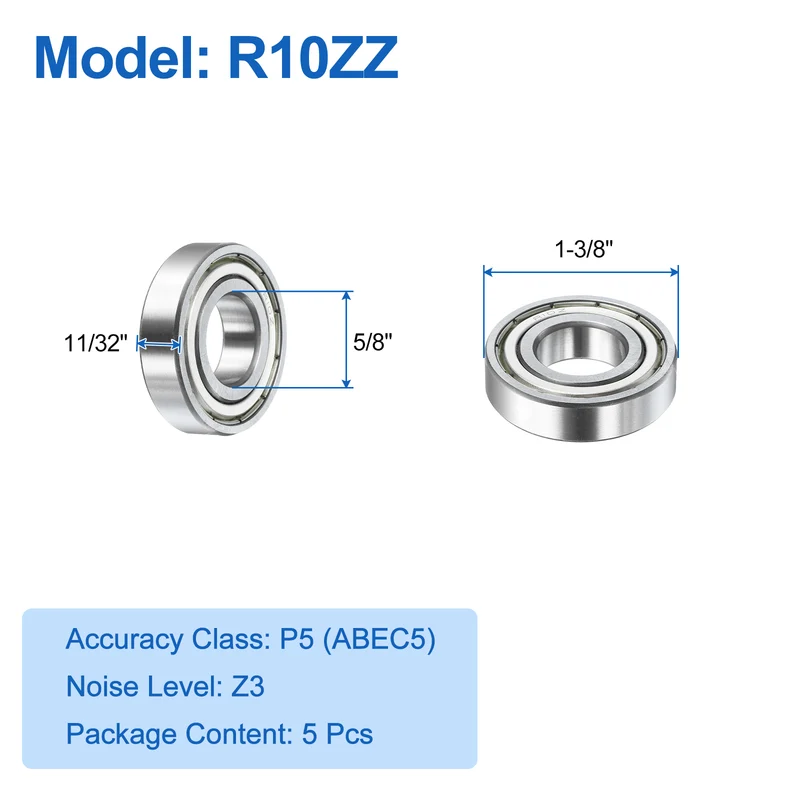 5Pcs R10ZZ Deep Groove Ball Bearings 5/8"x1-3/8"x11/32" Double Metal Shielded Z3
