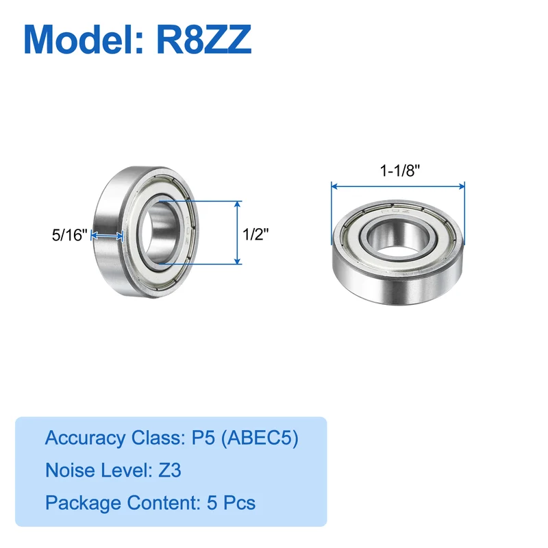 5Pcs R8ZZ Deep Groove Ball Bearings 1/2"x1-1/8"x5/16" Double Metal Shielded Z3