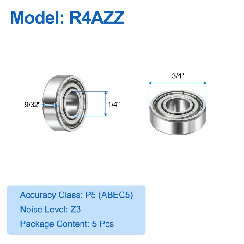 5Pcs R4AZZ Deep Groove Ball Bearings 1/4"x3/4"x9/32" Double Metal Shielded Z3