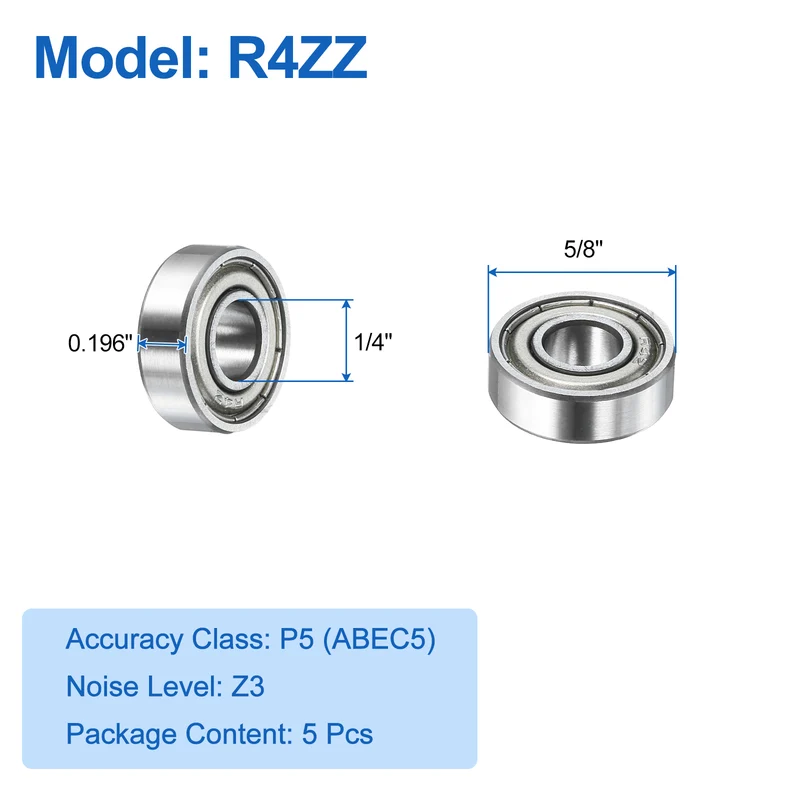 5Pcs R4ZZ Deep Groove Ball Bearings 1/4"x5/8"x0.196" Double Metal Shielded Z3