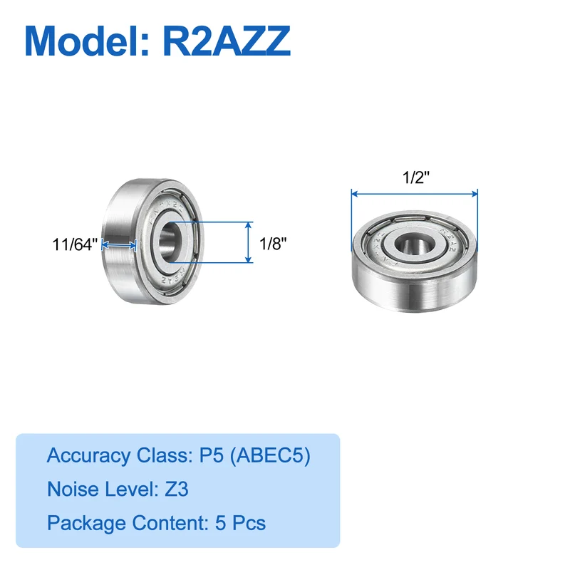 5Pcs R2AZZ Deep Groove Ball Bearings 1/8"x1/2"x11/64" Double Metal Shielded