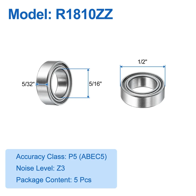 5Pcs R1810ZZ Deep Groove Ball Bearings 5/16"x1/2"x5/32" Double Metal Shielded Z3