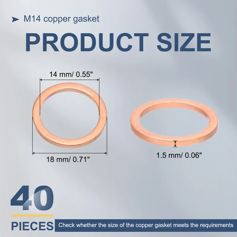 40Pcs M14 Flat Copper Washers 14x18x1.5mm Copper Flat Sealing Ring Washers