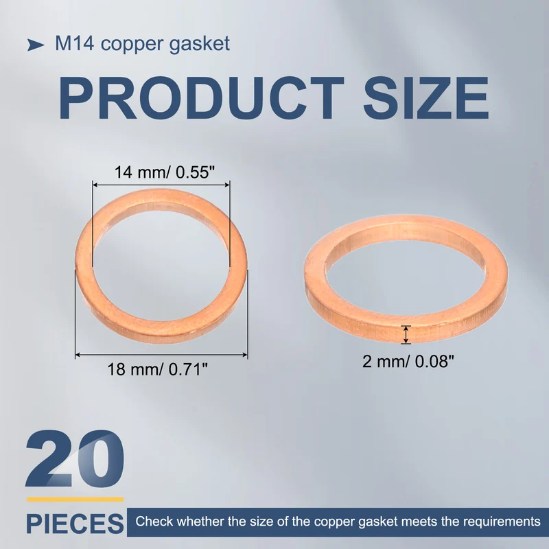 20Pcs M14 Flat Copper Washers 14x18x2mm Copper Flat Sealing Ring Washers
