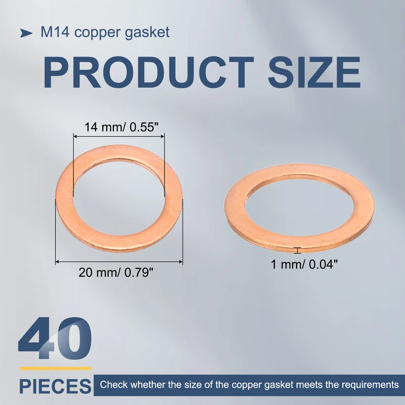 40Pcs M14 Flat Copper Washers 14x20x1mm Copper Flat Sealing Ring Washers