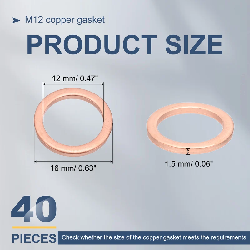 40Pcs M12 Flat Copper Washers 12x16x1.5mm Copper Flat Sealing Ring Washers