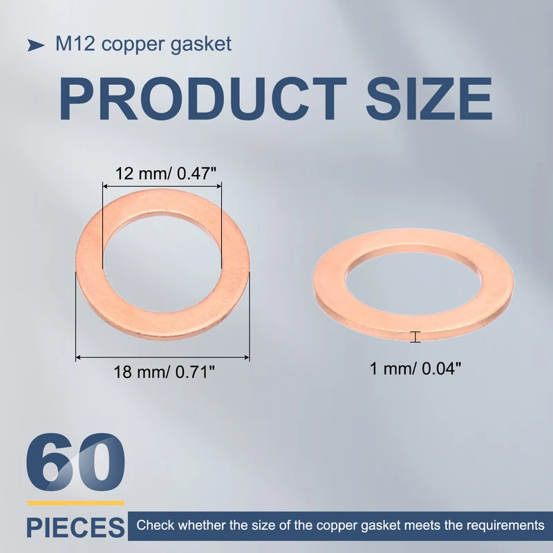 60Pcs M12 Flat Copper Washers 12x18x1mm Copper Flat Sealing Ring Washers