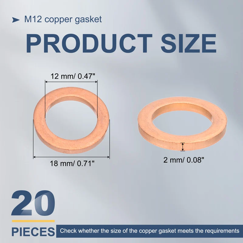 20Pcs M12 Flat Copper Washers 12x18x2mm Copper Flat Sealing Ring Washers