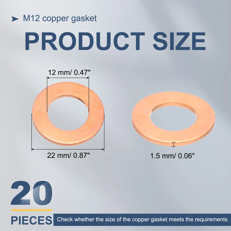 20Pcs M12 Flat Copper Washers 12x22x1.5mm Copper Flat Sealing Ring Washers