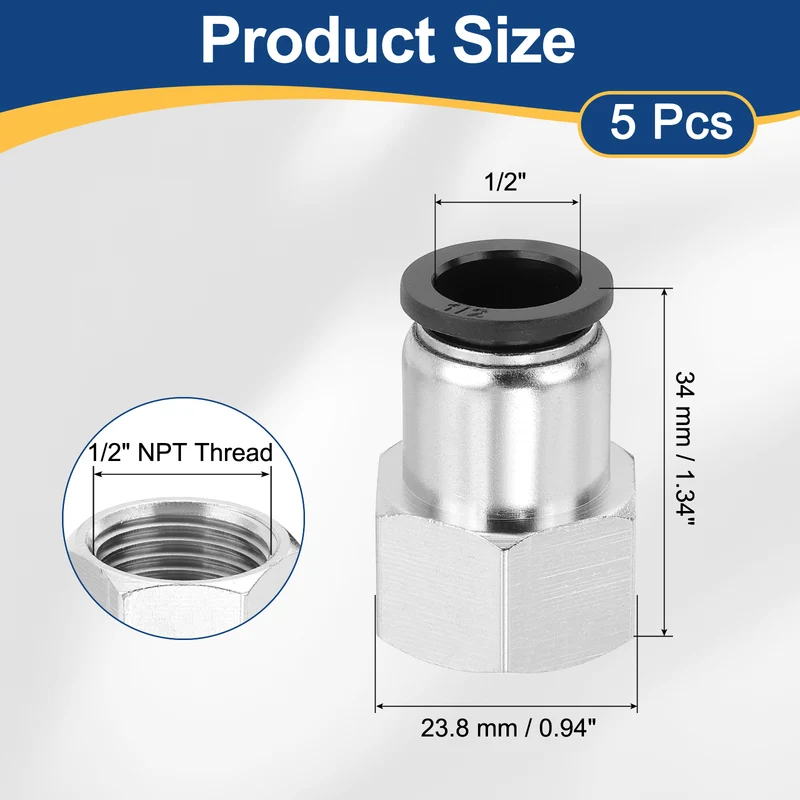 5 Pcs NPT Female 1/2 Inch OD x 1/2" NPT Thread Push to Connect Fittings, Black