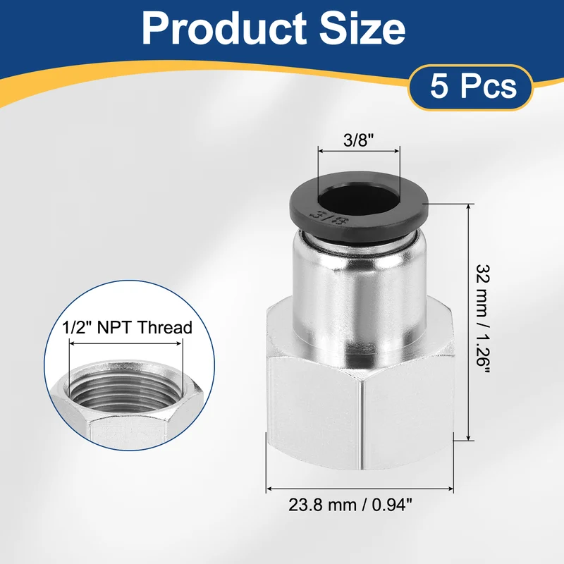 5 Pcs NPT Female 3/8 Inch OD x 1/2" NPT Thread Push to Connect Fittings, Black