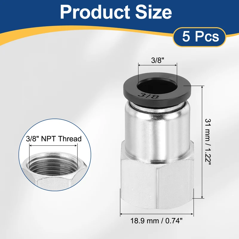 5 Pcs NPT Female 3/8 Inch OD x 3/8" NPT Thread Push to Connect Fittings, Black