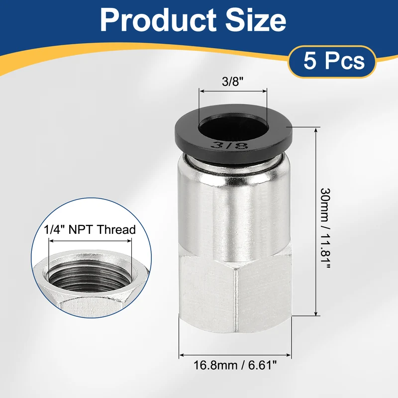 5 Pcs NPT Female 3/8 Inch OD x 1/4" NPT Thread Push to Connect Fittings, Black
