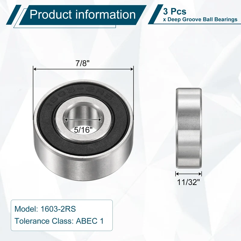 3Pcs 1603-2RS Deep Groove Ball Bearing 5/16" x 7/8" x 11/32" Sealed Bearing