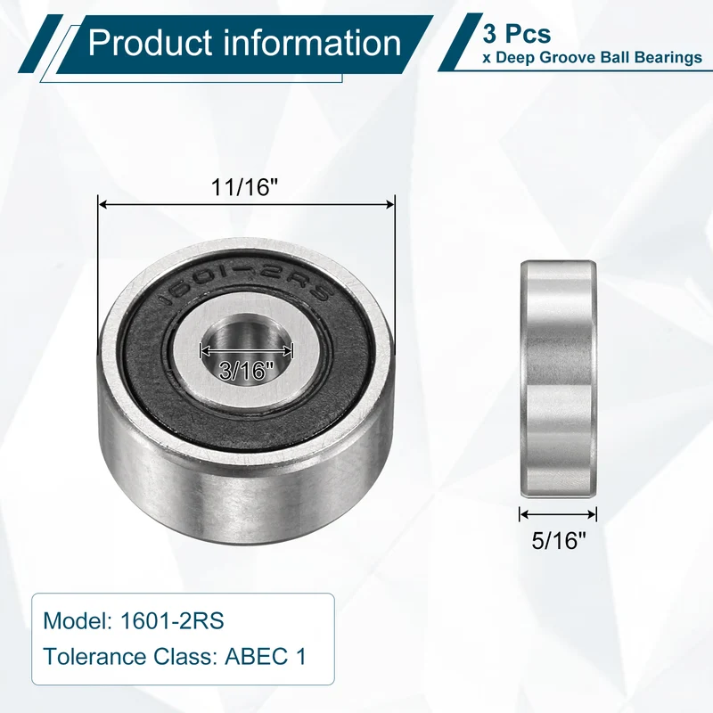 3Pcs 1601-2RS Deep Groove Ball Bearing, 3/16" x 11/16" x 5/16" Sealed Bearing