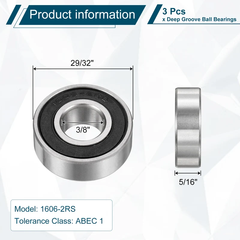 3Pcs 1606-2RS Deep Groove Ball Bearing, 3/8" x 29/32" x 5/16" Sealed Bearing