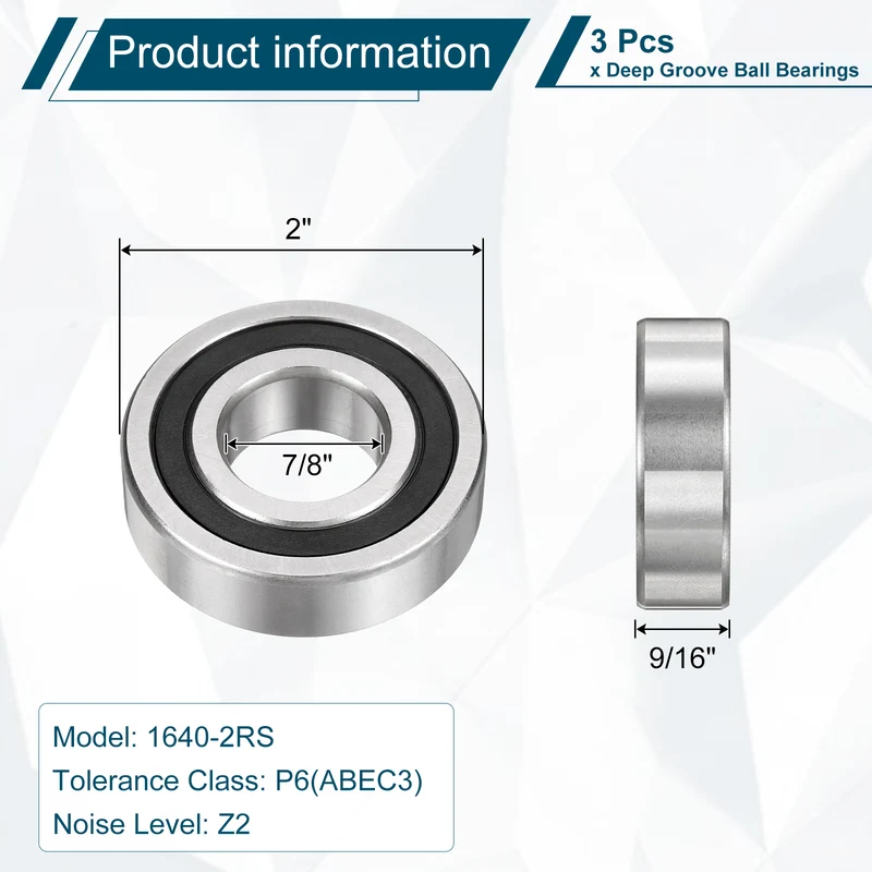 1640-2RS Deep Groove Ball Bearing, 3pcs, 7/8" x 2" x 9/16", Z2 Double Rubber