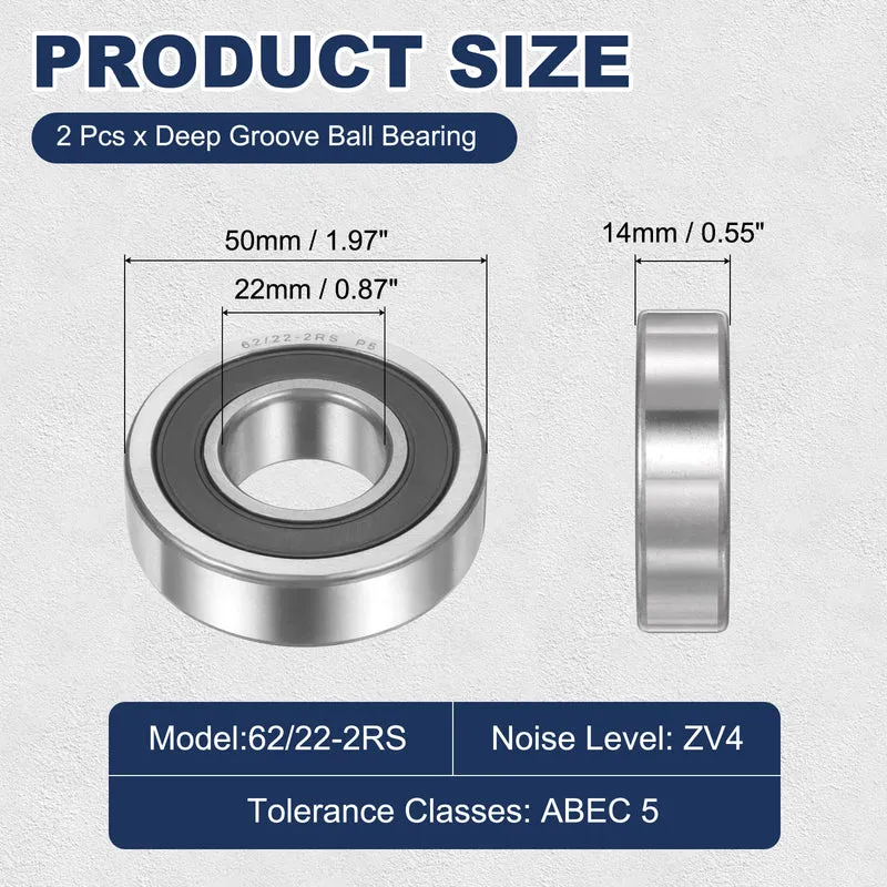 62/22-2RS Deep Groove Ball Bearing, 2pcs 22 x 50 x 14mm, ZV4 Double Rubber