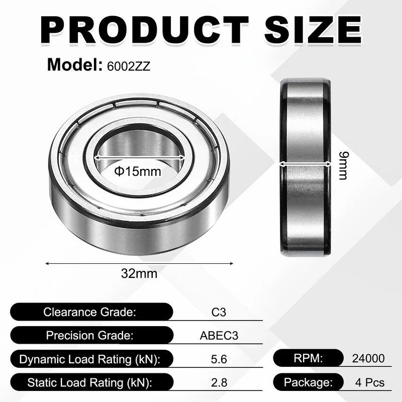 4Pcs 6002ZZ Deep Groove Ball Bearing, 15x32x9 mm Double Shielded Chrome Steel