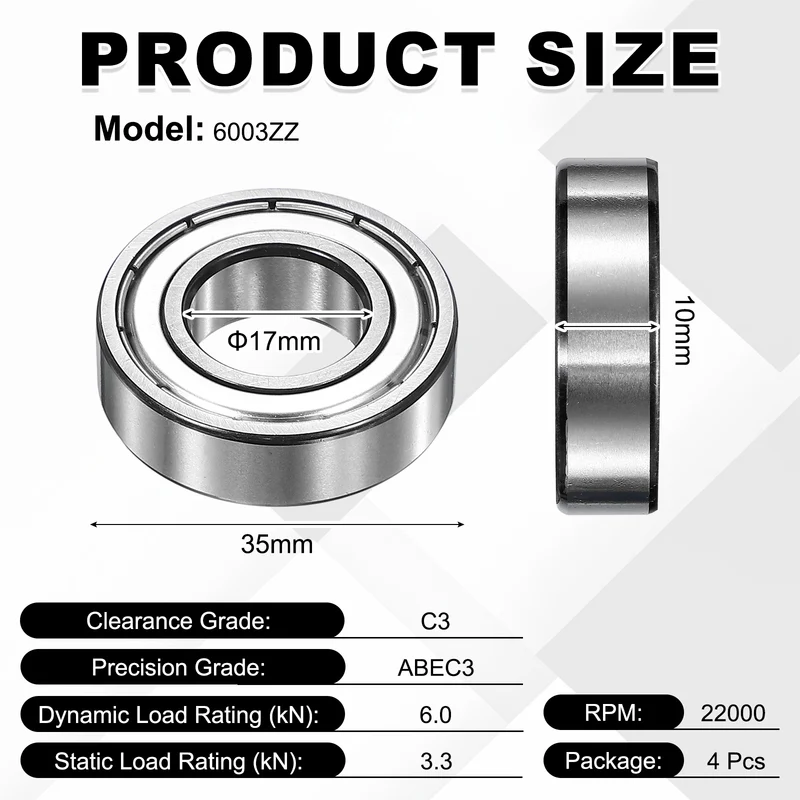 4Pcs 6003ZZ Deep Groove Ball Bearing, 17x35x10 mm Double Shielded Chrome Steel