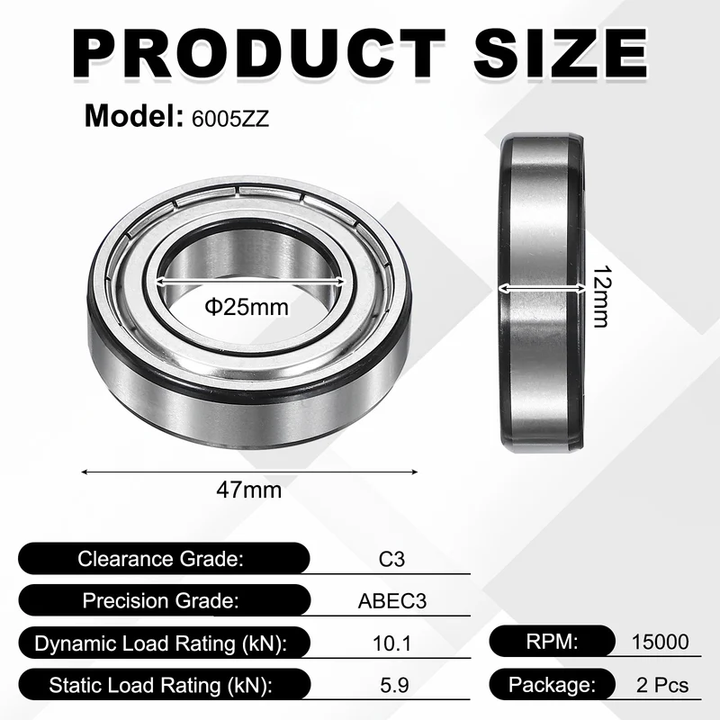 2Pcs 6005ZZ Deep Groove Ball Bearing, 25x47x12 mm Double Shielded Chrome Steel